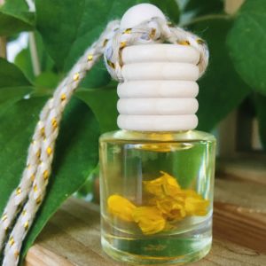 Diffuseur pour voiture ou petits espaces (y compris armoires) en verre avec bouchon en bois. Parfum de Grasse, myristate d'isopropyle et fleurs séchées